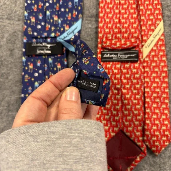 Salvatore Ferragamo Silk Ties Mens Lot 2 Red Reindeer Nativity Christmas Italy